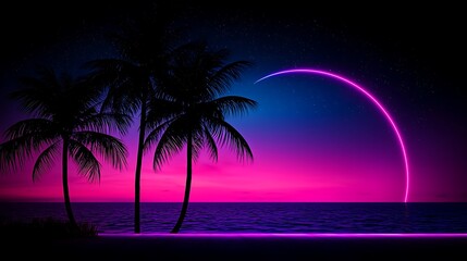 Naklejka premium Vibrant Sunset Palms Beach Scene