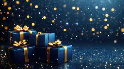Dark blue background with three gift boxes and golden ribbons on it, starry sky background