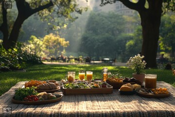 Fototapeta premium Enjoying a Delightful Romantic Picnic in a Scenic Park Surrounded by Nature's Beauty and Tranquility Near a Serene Lake During a Sunny Afternoon