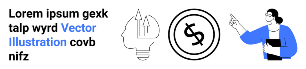 Head with upward arrows symbolizing ideas, money circle with dollar sign, and professional pointing. Ideal for finance, growth, education, innovation, business ideas, career planning abstract line