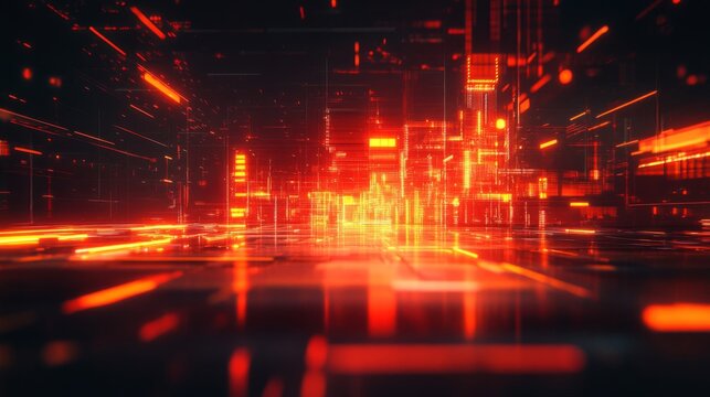 Abstract Digital Cityscape with Glowing Orange and Red Lines