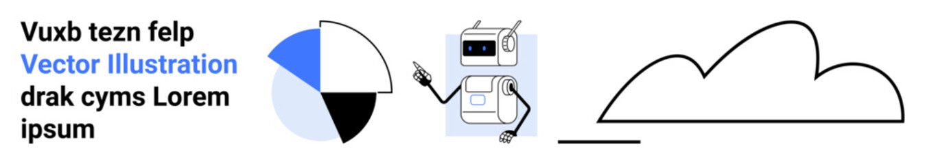 Robot pointing at pie chart, minimal cloud outline. Ideal for AI, analytics, technology, innovation, automation, data integration, simple landing page