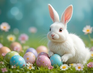 Fototapeta premium Happy Easter bunny with lots of colorful Easter eggs, Easter day