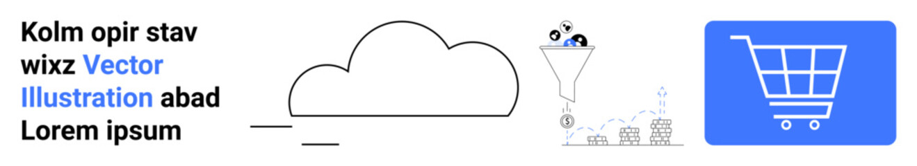 Cloud linked to funnel filtering data into a shopping cart symbolizing online shopping processes. Ideal for e-commerce, data management, business growth, technology, sales, connectivity, simple