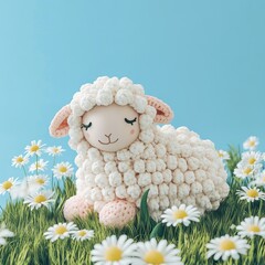 A white sheep is sitting in a field of daisies