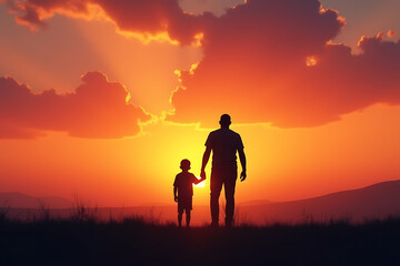 A Heartwarming Father-Son Silhouette in Front of a Vibrant Sunset Sky, Radiating Love and Warmth. AI-generated