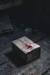 Fototapeta premium A small old wooden box hidden in an attic, it's a mess, with red stains on the box, lightened with a flashlight but it's very dark