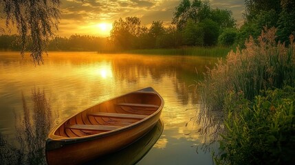 Fototapeta premium Sunrise over calm lake with canoe.
