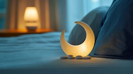 A crescent moon, crafted from melatonin tablets, rested softly on a bedside table, a gentle reminder that slumber was just around the corner.