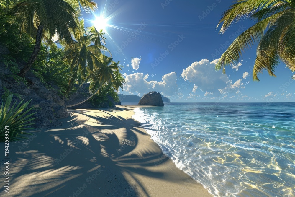 Aufkleber pristine tropical beach with peaceful waves and swaying palm trees under a bright blue sky and warm 