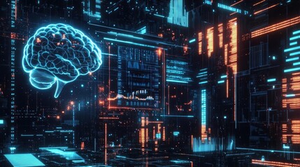 Abstract Futuristic Digital Brain in a Neon Orange and Blue Networked System Structure 3D Rendering Graphic Illustration Design Background Concept Art Illustration Science Fiction Artificial