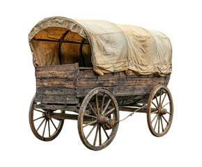 Traditional Wooden Wagon with Canvas Cover on Isolated White Background