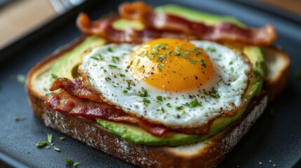 A symphony of flavors unfolds as a golden toast, adorned with a runny fried egg, crispy bacon strips, and creamy avocado slices, ready to fuel your day.