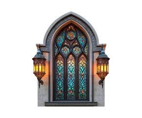 Obraz premium Ornate Gothic Window with Colorful Stained Glass and Lanterns