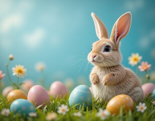 Fototapeta premium Happy Easter bunny with lots of colorful Easter eggs, Easter day