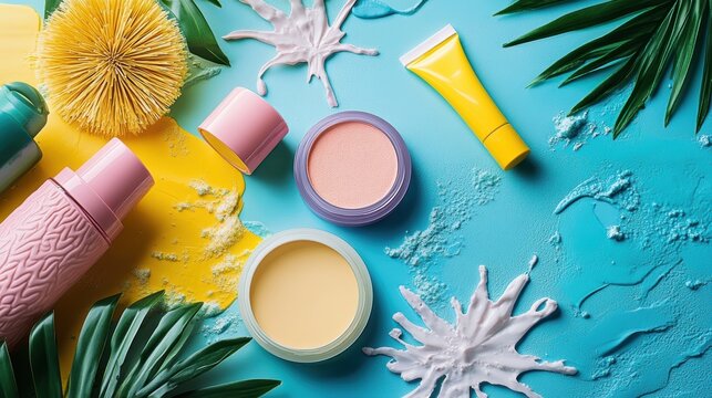 A vibrant palette of SPF sunscreen cosmetic products, ready to shield your skin from the sun is harmful rays, promoting healthy, radiant skin.