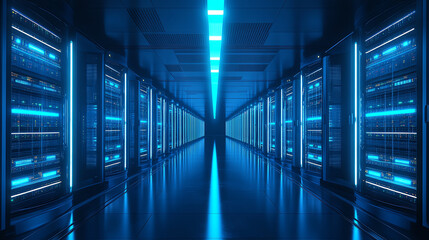 Futuristic data center with illuminated server racks in a symmetrical hallway.