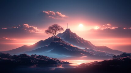 Majestic Sunset Mountain Cross  Faith  Hope  Serenity  Nature