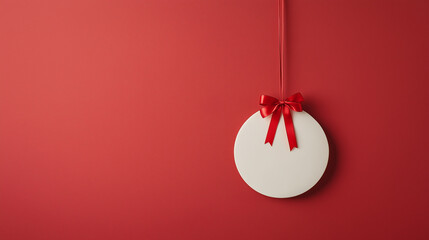 Minimalist white round sign with red ribbon bow against red background with copy space