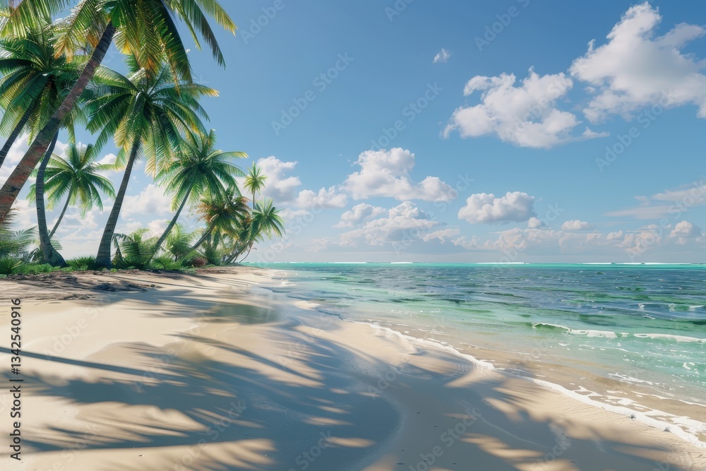 Aufkleber pristine tropical beach with peaceful waves and swaying palm trees under a bright blue sky and warm 