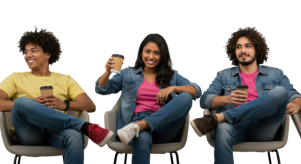 Three coworkers are sitting in modern chairs, sharing smiles and holding coffee cups. They appear comfortable and engaged in casual conversation during a break in the workplace