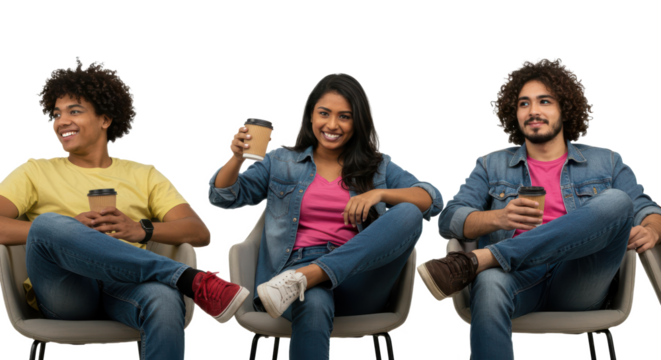 Three coworkers are sitting in modern chairs, sharing smiles and holding coffee cups. They appear comfortable and engaged in casual conversation during a break in the workplace