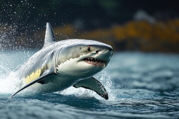 Fototapeta premium Majestic Shark Leaps From the Ocean, Showcasing Its Power and Agility During a Bright Afternoon in Clear Waters