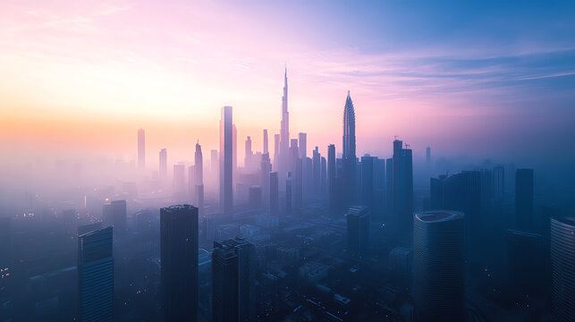 City skyline at sunrise with skyscrapers in foggy atmosphere.