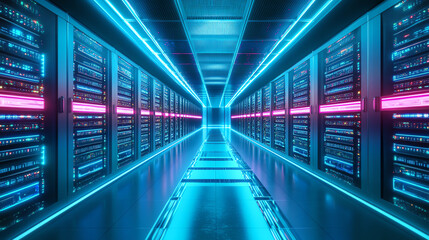 Fototapeta premium Futuristic data center hallway illuminated with neon lights in vibrant blue and pink hues.