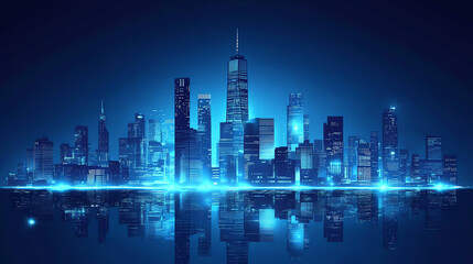 Obraz premium Futuristic city skyline with glowing blue lights reflecting in water at night.