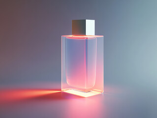 Elegant perfume bottle with a luminescent gradient, standing on a reflective surface.