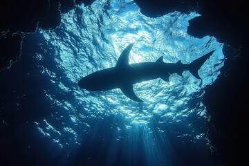 Silhouette of a Shark Swimming Gracefully Through Blue Ocean Waters During Daylight Hours, Showcasing the Beauty of Marine Life