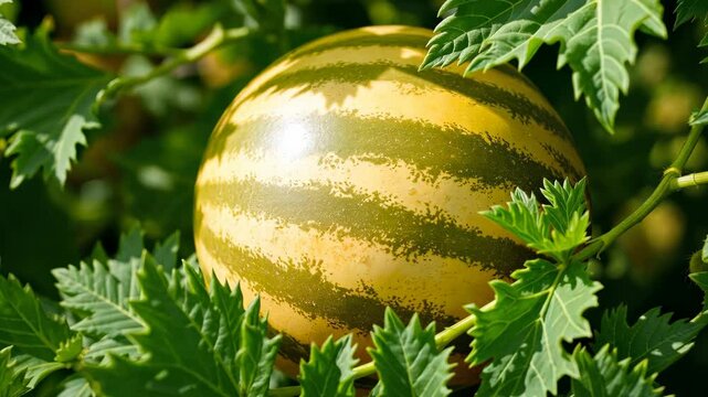 Close Up View of a Round Yellow and Green Striped Melon Amid Lush Green Leaves