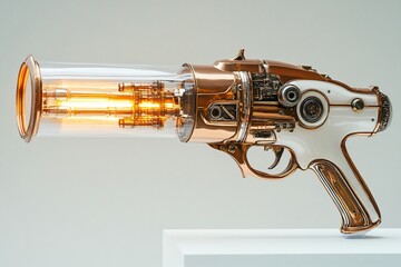 A beautifully crafted steampunk-style laser pistol with copper, ivory, and glowing components, resting on a platform against a neutral background.