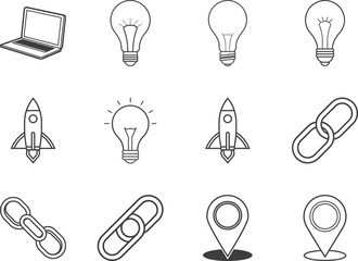 Modern Line Art Laptop, Light Bulbs, Rocket, Chains, and Location Pin Icons on White Background