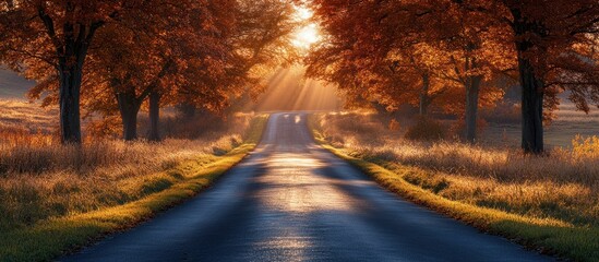 Autumnal Sunrise Road Through Colorful Trees