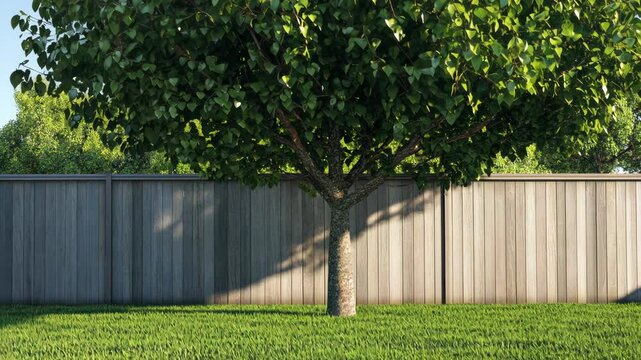Lush green tree with vibrant leaves standing in a well-kept yard under clear blue sky during midday