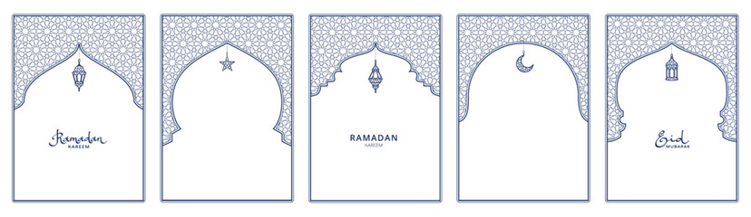 Ramadan or Al-Adha golden decoration. Islamic windows, mosque doors, holiday frames. Lanterns, crescent, stars. Vertical format for cards. Transparent background in vector file.