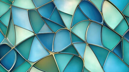 Abstract Teal Blue Green Mosaic Pattern With Gold Lines and Shapes With Irregular Geometric Patterns With Decorative Elements For Various Purposes Including Wall Art And Surface Design Print Designs