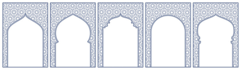 Line islamic windows, mosque doors with traditional pattern. Ramadan or Al-Adha golden decoration, holiday frames. Vertical format for cards or social media. Transparent background in vector file.