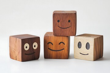 4 wooden cubes with different happy and sad faces on them, arranged in an A shape on the table. The background is white. Minimalist style. Product photography. Studio lighting.