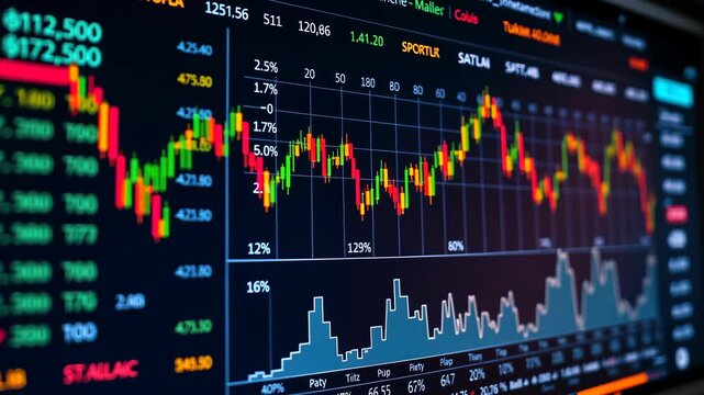 Close Up View of a Stock Market Data Chart Displayed on a Dark Screen Showing Red and Green Candlestick Charts and Numerical Data