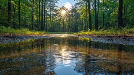 Obraz premium Sunny Forest Puddle Reflection Pathway