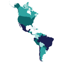 American continent map. Map of America continent  with color of countries.