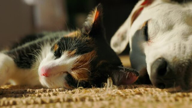 A white mutt and a tricolor kitten lying together in the warm sunlight