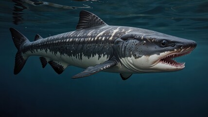 Naklejka premium Ancient shark in deep blue water