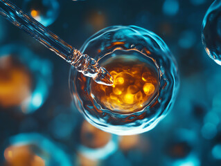 Close-up of cell under microscope showing cellular structure with pipette interaction.