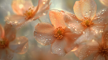 Fototapeta premium A surreal botanical arrangement with iridescent blossoms, intricate dewdrops reflecting warm golden hues, and gently swaying petals caught in a soft breeze