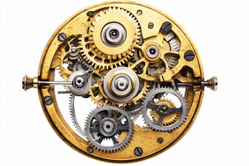 Fototapeta premium A detailed macro shot showcases the inner workings of a vintage watch, revealing intricate gears, screws, and jewels with precision craftsmanship.
