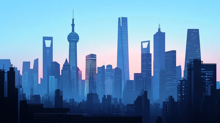 Fototapeta premium Silhouette of a modern city skyline at dusk with high-rise buildings and towers.